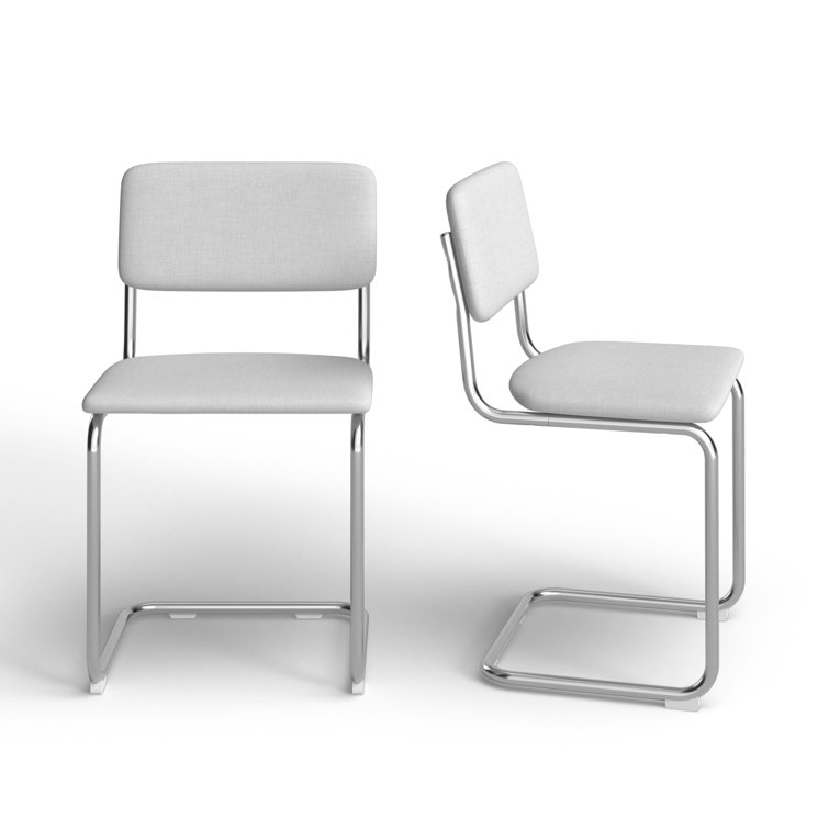 White Linen Upholstered Metal Frame Dining Chairs, Set of 2