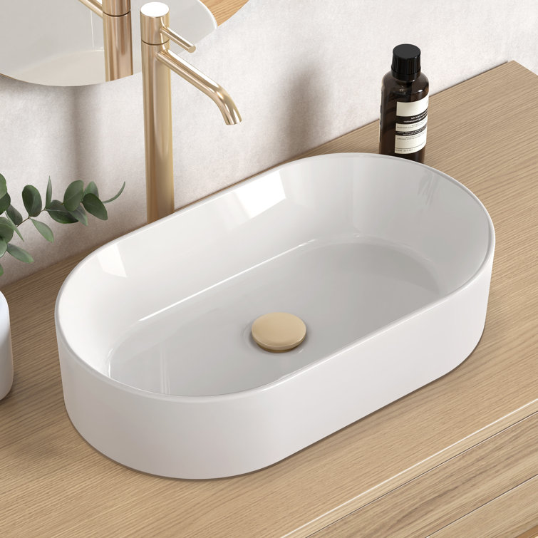 White Ceramic Oval Above-Counter Vessel Sink for Bathroom Vanity