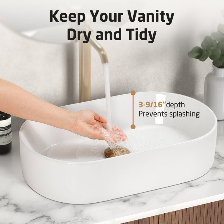 White Ceramic Oval Above-Counter Vessel Sink for Bathroom Vanity