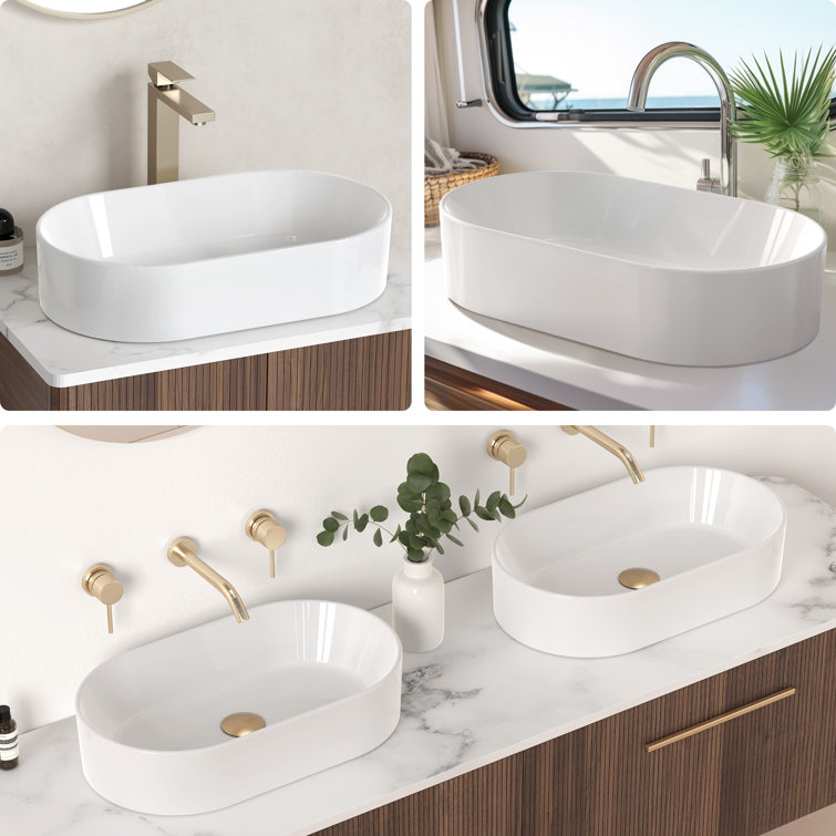 White Ceramic Oval Above-Counter Vessel Sink for Bathroom Vanity