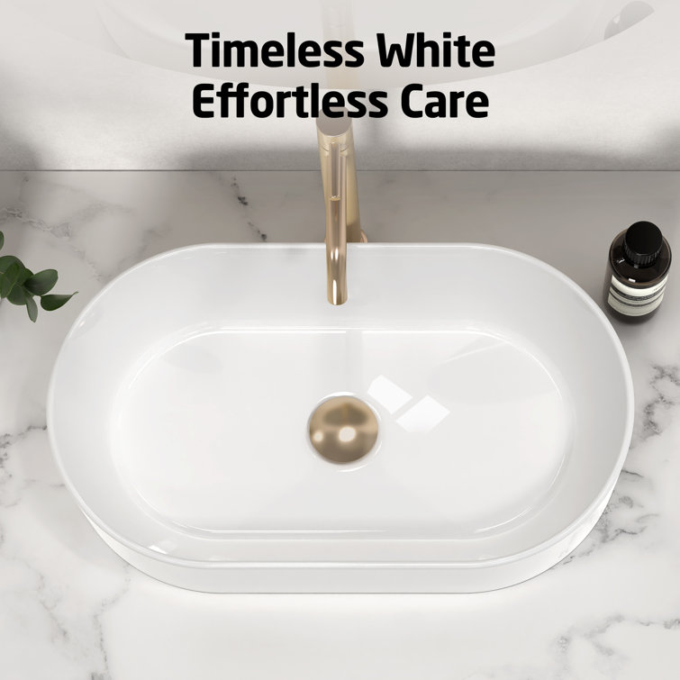 White Ceramic Oval Above-Counter Vessel Sink for Bathroom Vanity