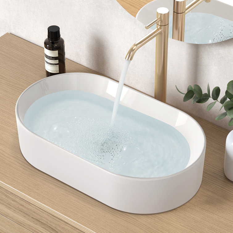 White Ceramic Oval Above-Counter Vessel Sink for Bathroom Vanity