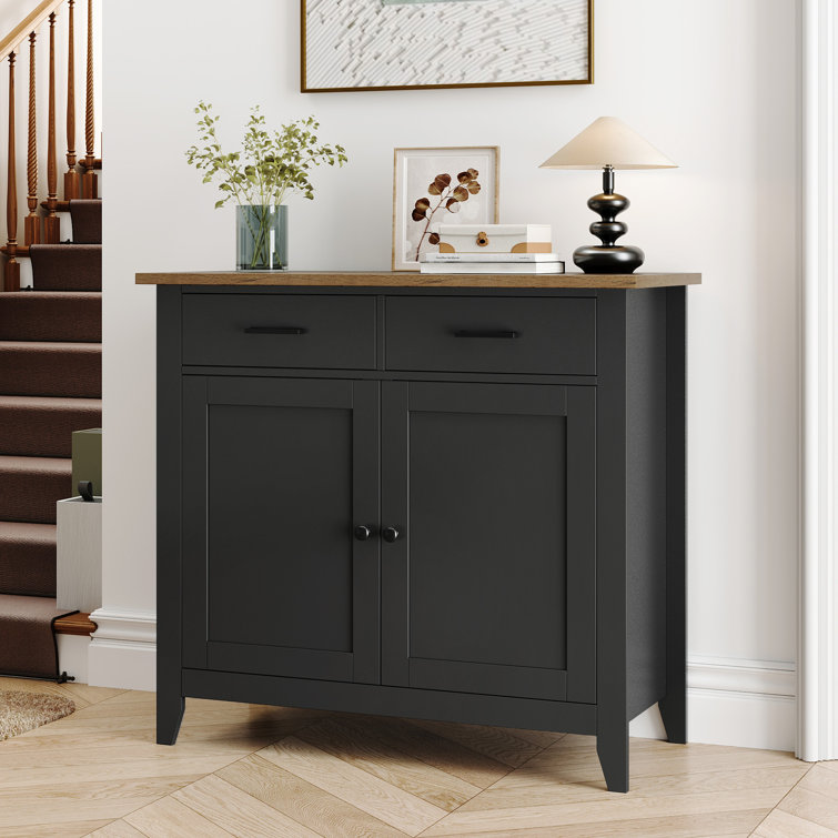Black Wood Accent Cabinet with Adjustable Shelving and Drawers