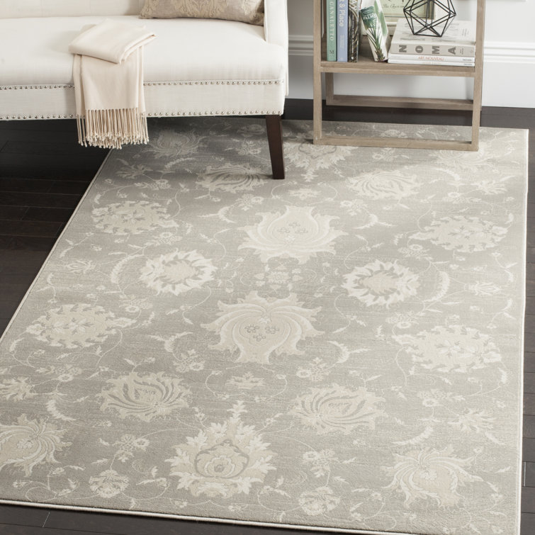 Elegant Grey Ivory 5' x 7' Viscose Synthetic Floral Area Rug