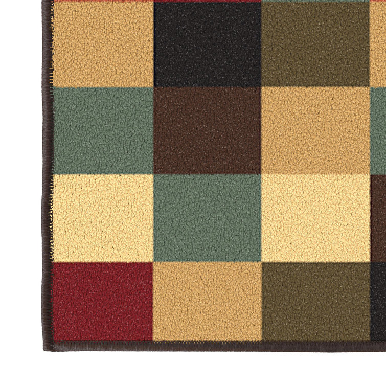 Contemporary Checkered Multicolor Low Pile Runner Rug, 84"L x 22"W