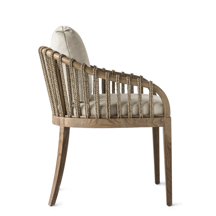 Beige Rattan and Teak Arm Chair with Cushions