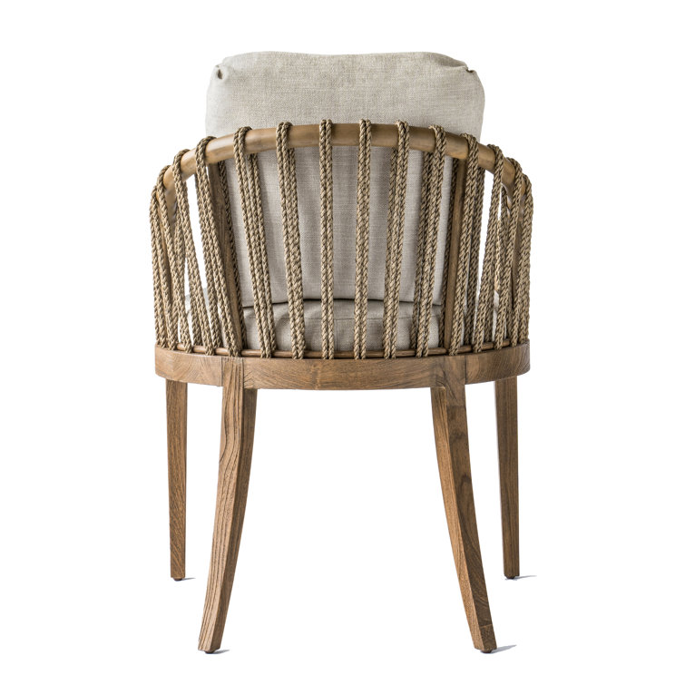 Beige Rattan and Teak Arm Chair with Cushions