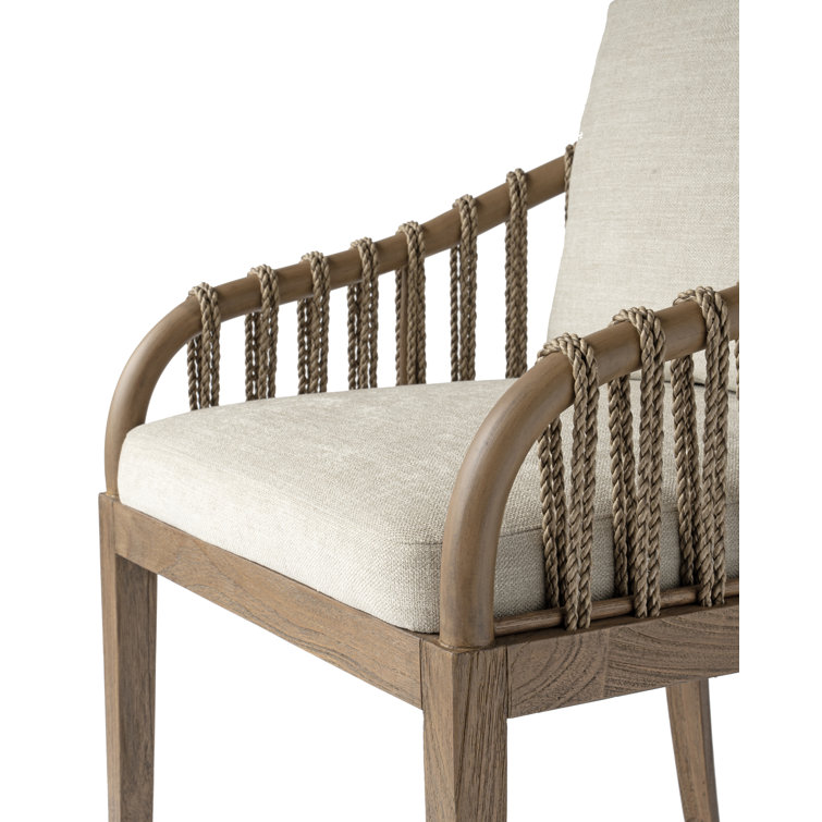 Beige Rattan and Teak Arm Chair with Cushions