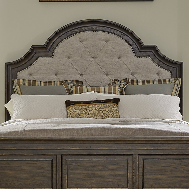 King Dark Brown Upholstered Bed Set with Dresser, Mirror, Chest, Nightstand