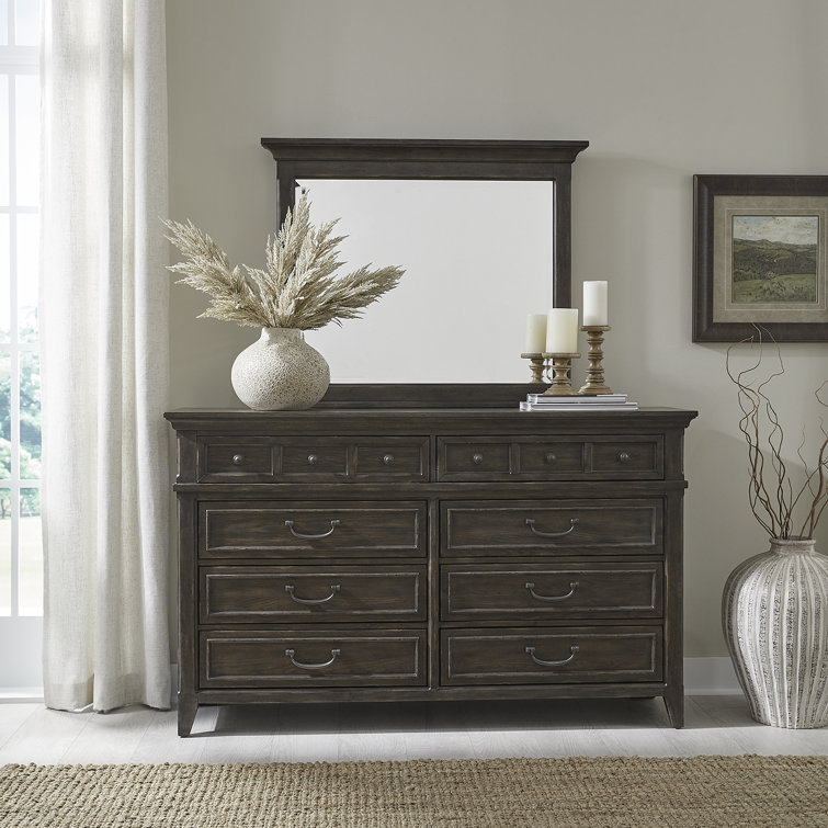 King Dark Brown Upholstered Bed Set with Dresser, Mirror, Chest, Nightstand