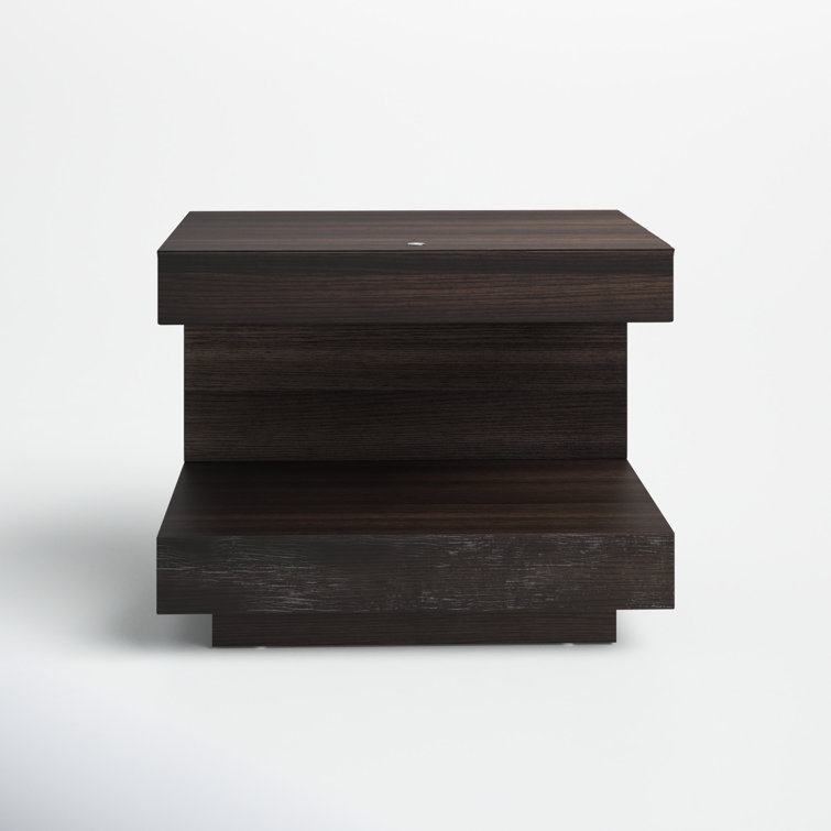 C-Shaped Brown Oak Veneer Nightstand with LED and Drawer