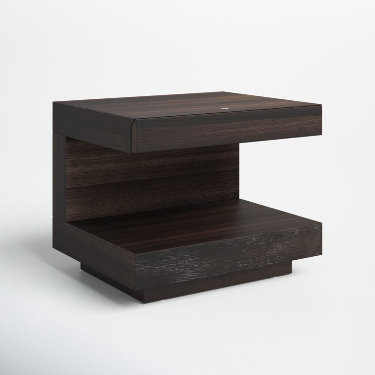 C-Shaped Brown Oak Veneer Nightstand with LED and Drawer