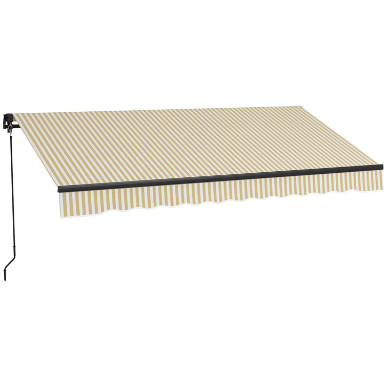 Beige and White Striped Polyester Retractable Patio Awning with Manual Crank