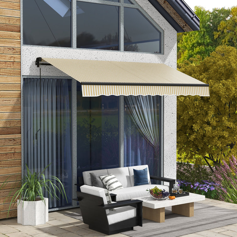 Beige and White Striped Polyester Retractable Patio Awning with Manual Crank