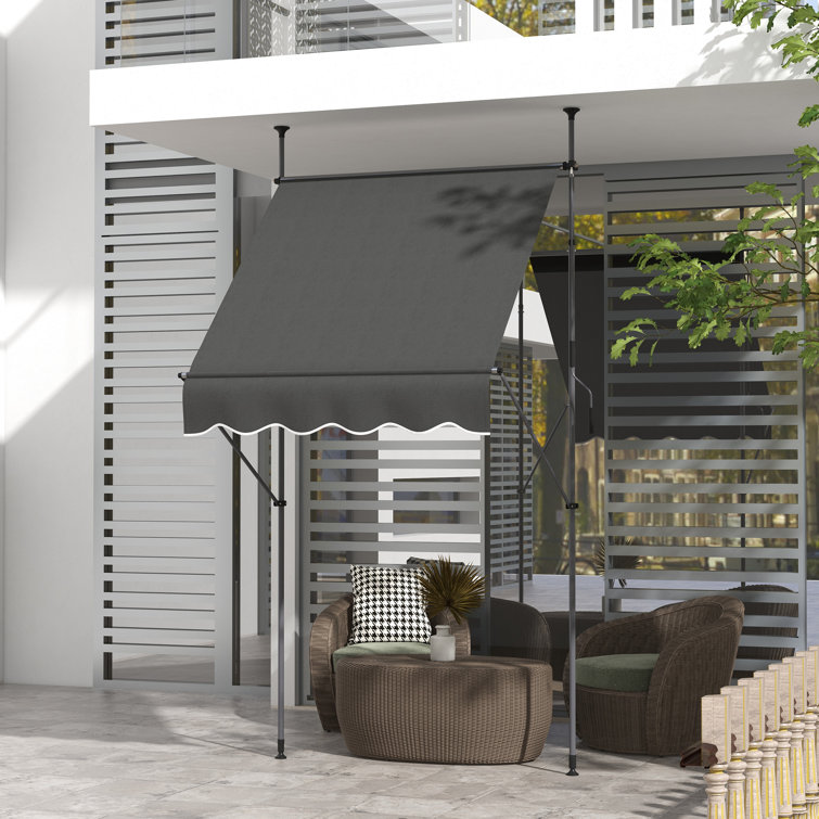Dark Gray Polyester Retractable Patio Awning with Ruffled Edge
