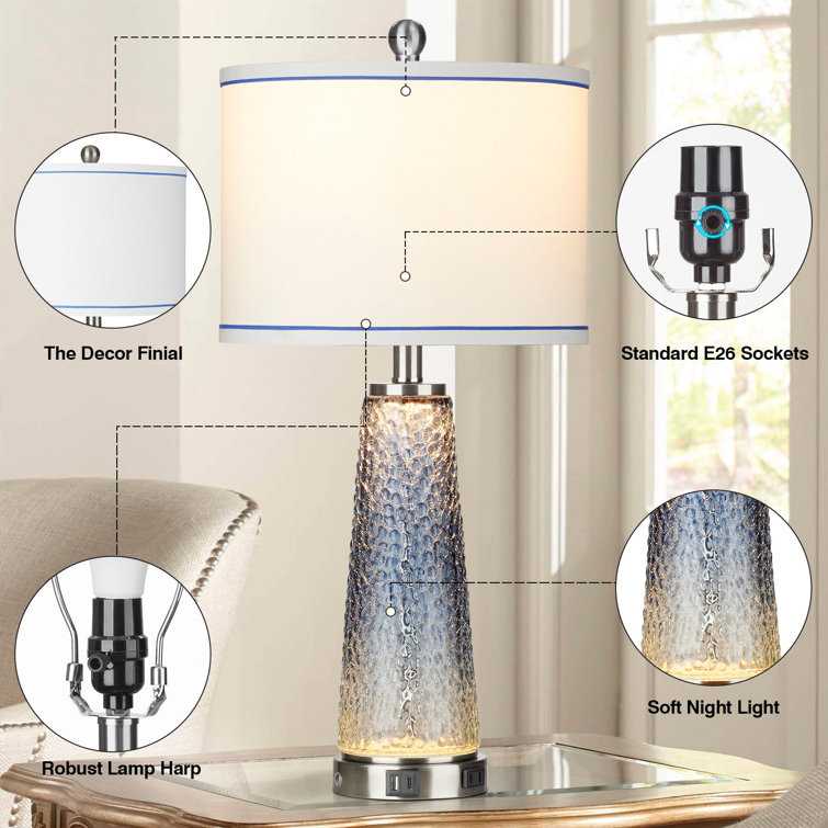 Gradient Blue Glass Table Lamp Set with USB Ports