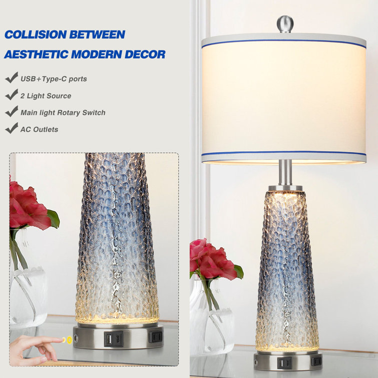 Gradient Blue Glass Table Lamp Set with USB Ports