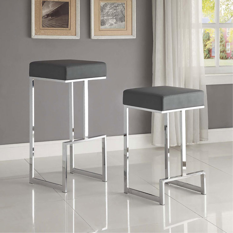 Sleek Gray Leatherette Adjustable Backless Counter Stool with Metal Base