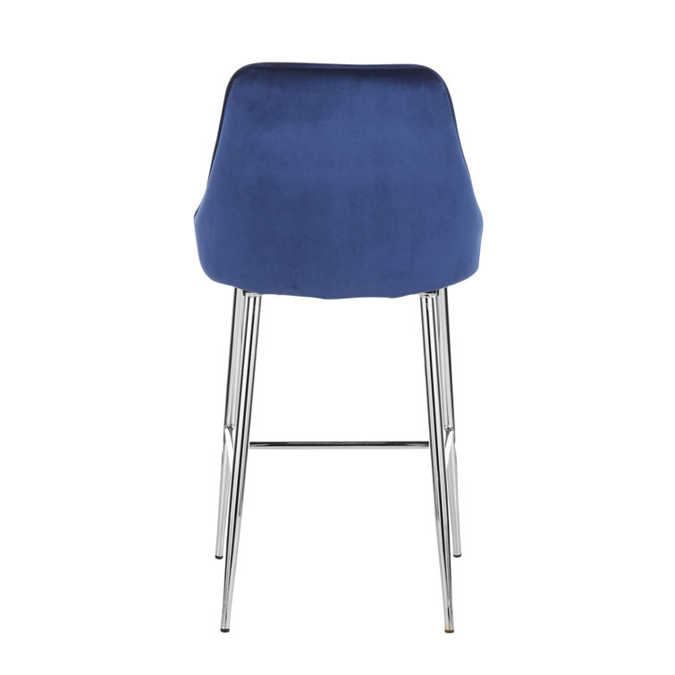 Navy Blue Velvet and Chrome Modern Counter Stools, Set of 2