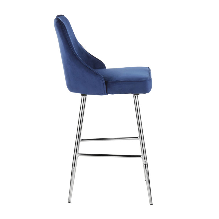 Navy Blue Velvet and Chrome Modern Counter Stools, Set of 2