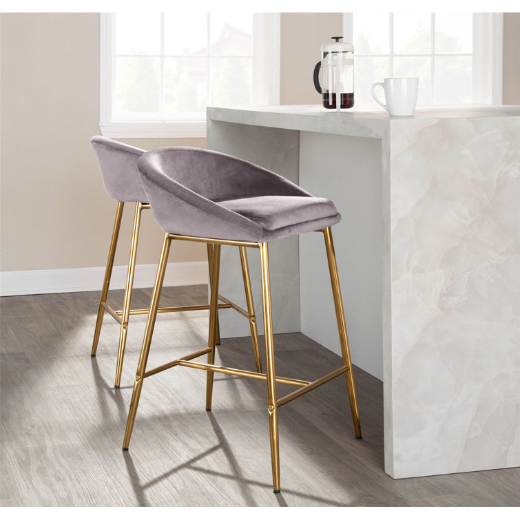 Set of 2 Glam Matisse 26" Silver Velvet Counter Stools with Gold Frame