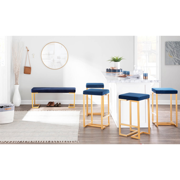 Contemporary Glam 27" Gold Metal Counter Stool with Blue Velvet Cushion