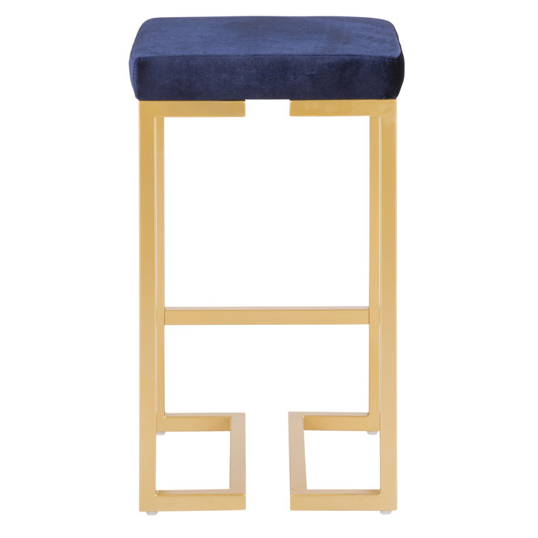 Contemporary Glam 27" Gold Metal Counter Stool with Blue Velvet Cushion
