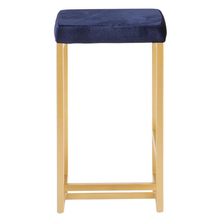 Contemporary Glam 27" Gold Metal Counter Stool with Blue Velvet Cushion