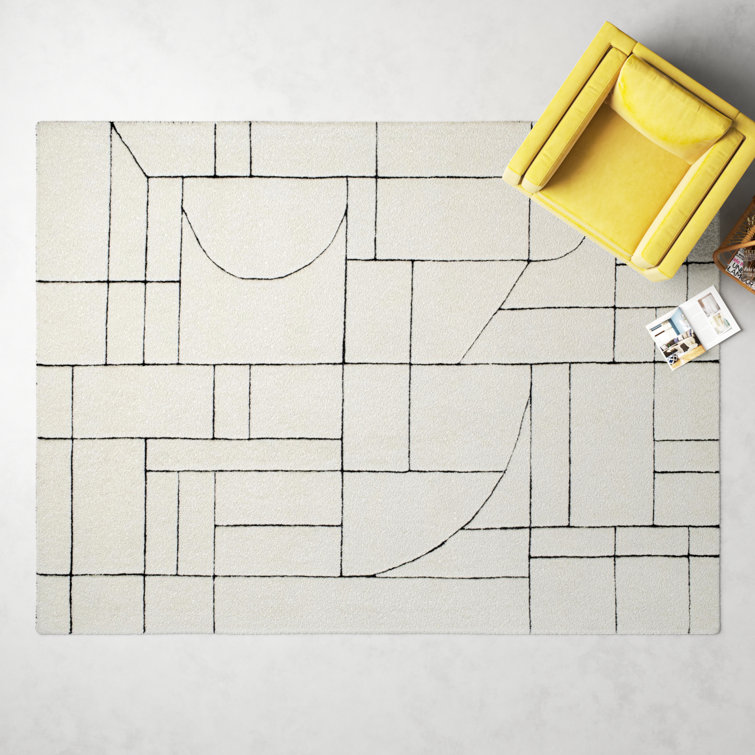 Handmade Geometric Wool Rug in Cream and Black, 8' x 10'