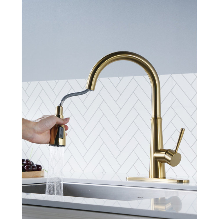Gold Stainless Steel High-Arc Kitchen Faucet with Pull-out Spray