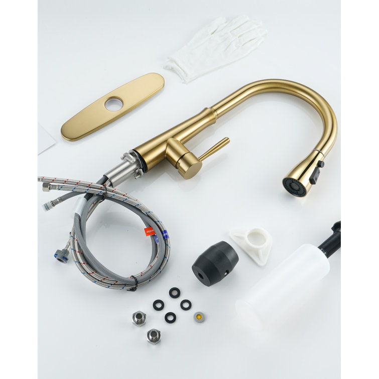 Gold Stainless Steel High-Arc Kitchen Faucet with Pull-out Spray