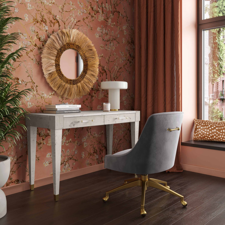 White Acacia Wood Writing Desk with Brass Accents