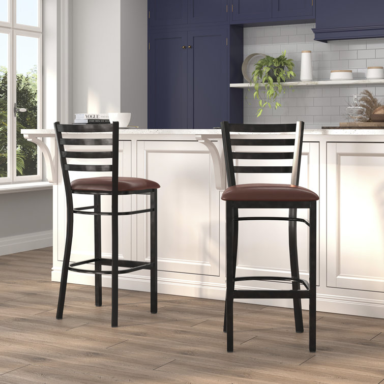 Red Metal and Wood Ladder Back Barstool with Vinyl Seat