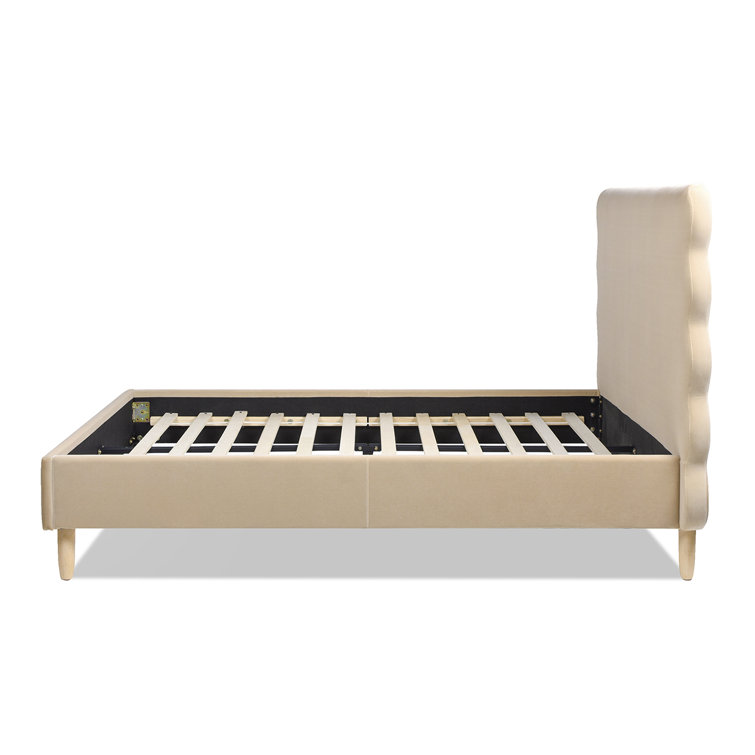 Queen Fawn Brown Velvet Upholstered Platform Bed with Wavy Headboard
