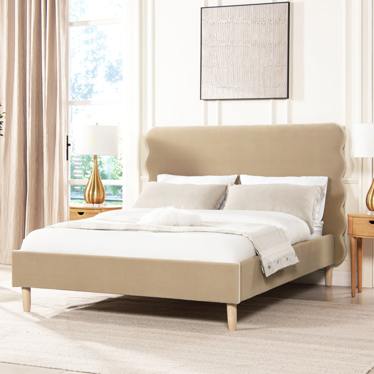 Queen Fawn Brown Velvet Upholstered Platform Bed with Wavy Headboard
