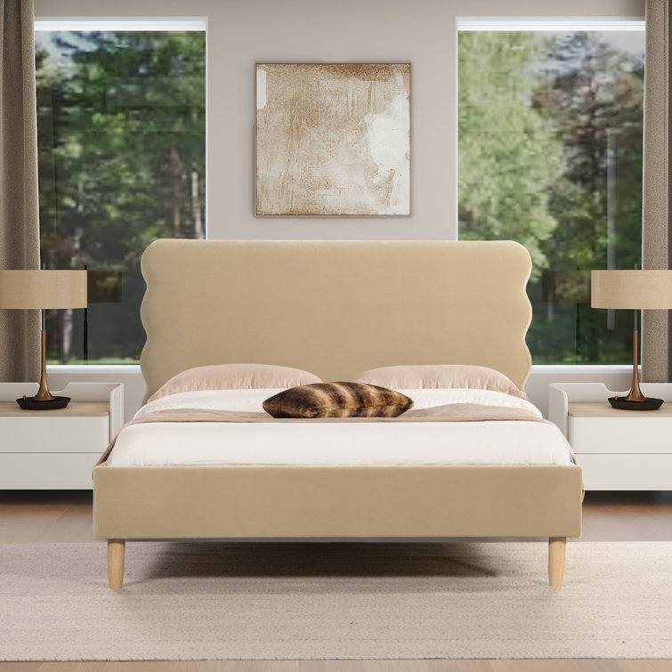 Queen Fawn Brown Velvet Upholstered Platform Bed with Wavy Headboard