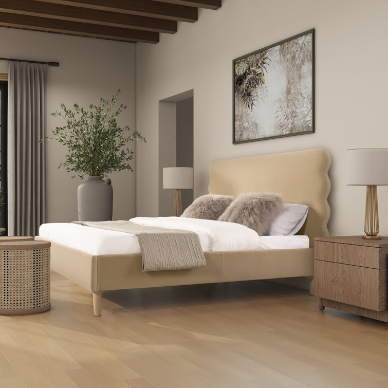 Queen Fawn Brown Velvet Upholstered Platform Bed with Wavy Headboard