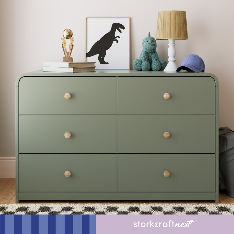 Olive Green 6-Drawer Nursery Dresser with Natural Rubberwood Knobs