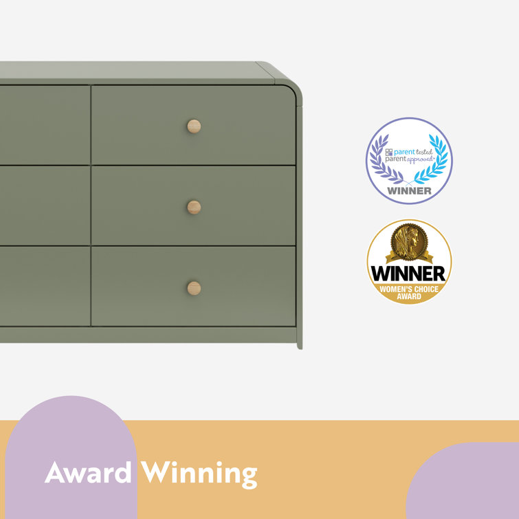 Olive Green 6-Drawer Nursery Dresser with Natural Rubberwood Knobs
