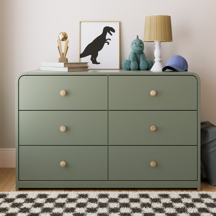 Olive Green 6-Drawer Nursery Dresser with Natural Rubberwood Knobs