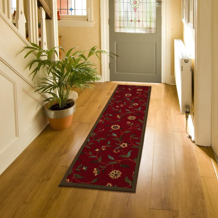 Red Floral Synthetic Rubber Back Hallway Runner Rug