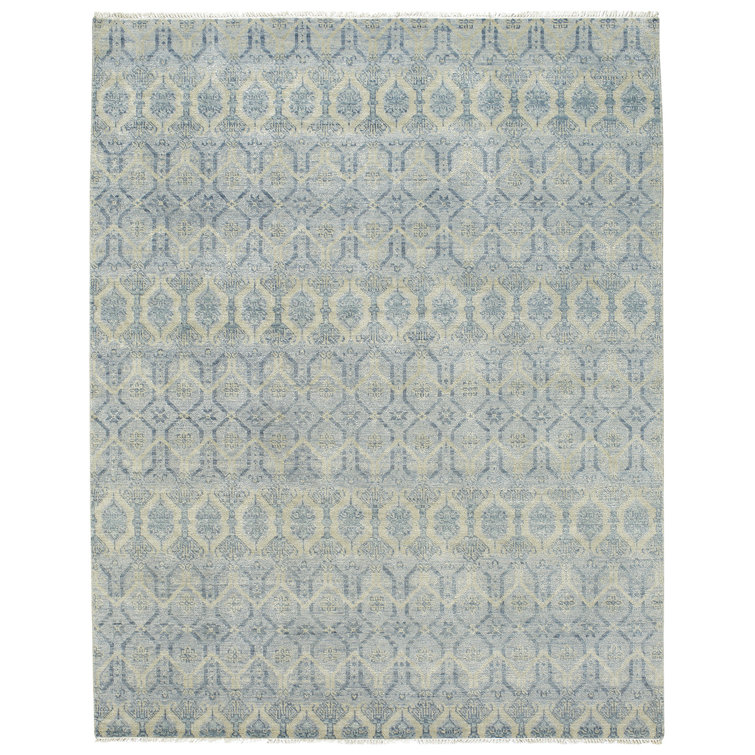 Azure Blue and Beige Hand-Knotted Wool Floral Rug