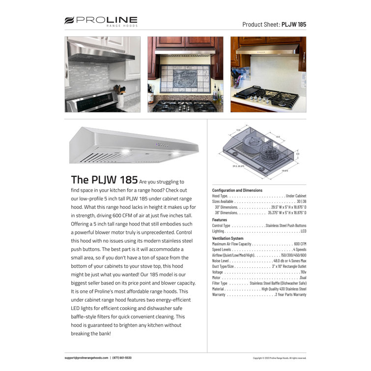 36-Inch Stainless Steel Under Cabinet Range Hood with LED Lights