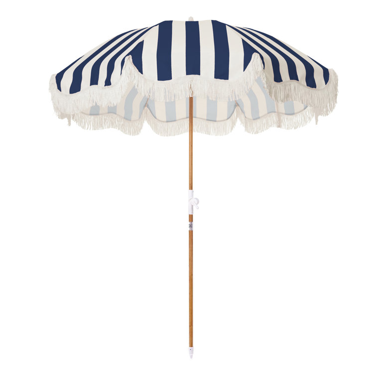 Navy and White Stripe Boho Beach Umbrella with Fringe