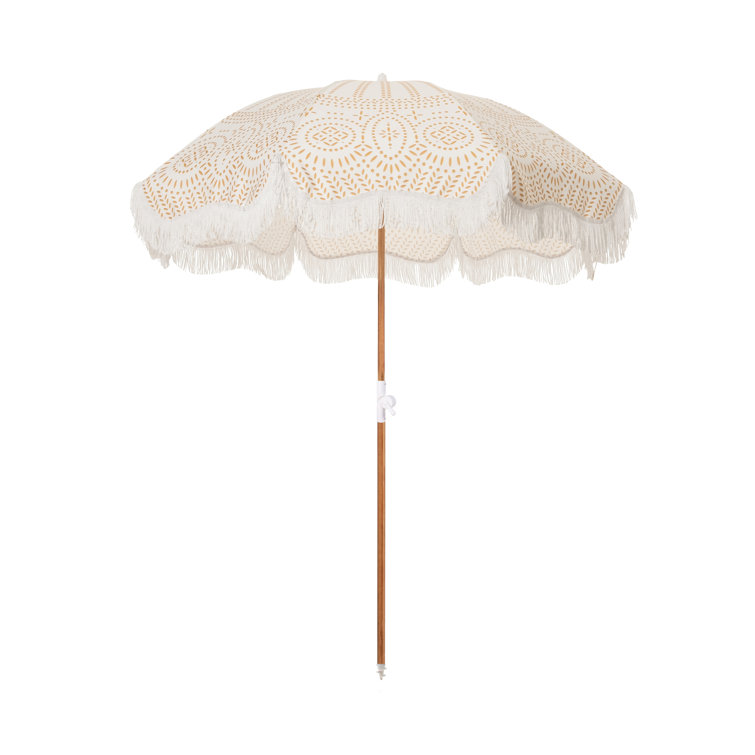 Beige Boho-Chic Aluminum Beach Umbrella with Fringe