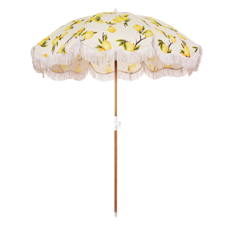 Vintage Lemons Beach Umbrella with White Fringe and Reclaimed Timber Pole