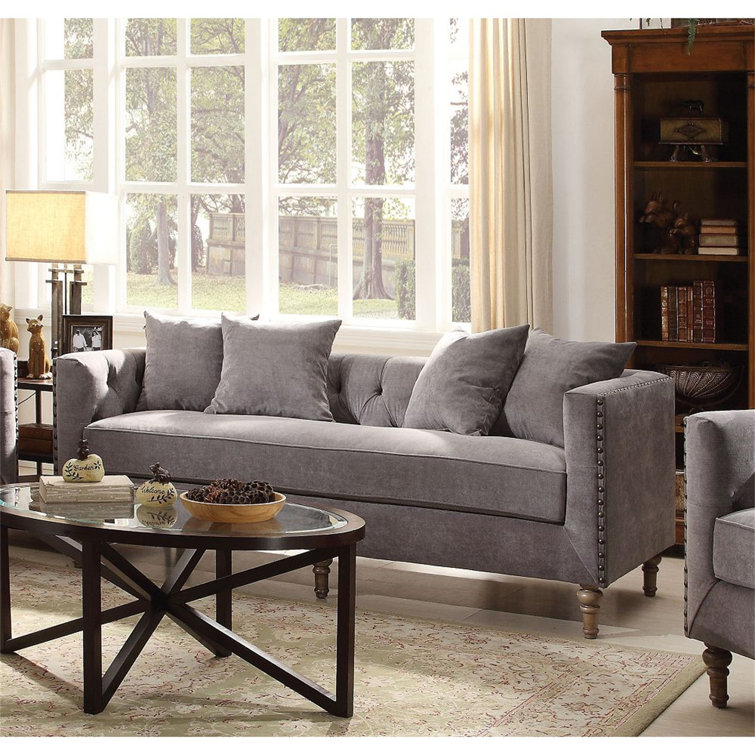 Sidonia 85'' Tufted Gray Velvet Reclining Sofa with Cup Holder