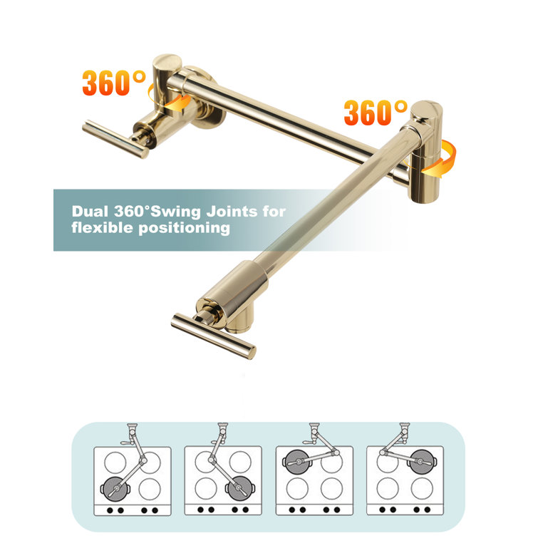 Polished Brass Double Handle Wall-Mount Pot Filler Faucet