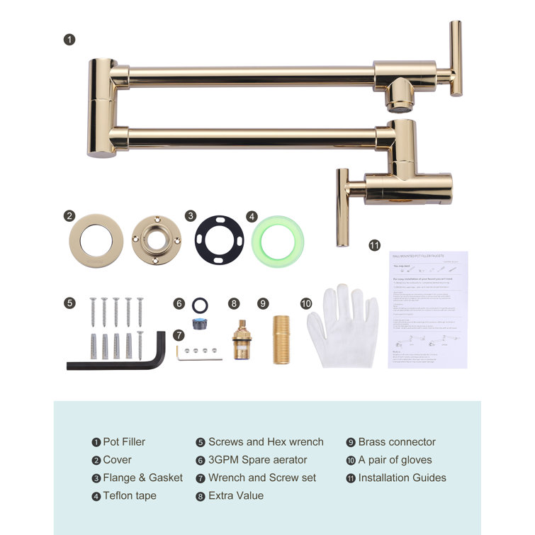 Polished Brass Double Handle Wall-Mount Pot Filler Faucet