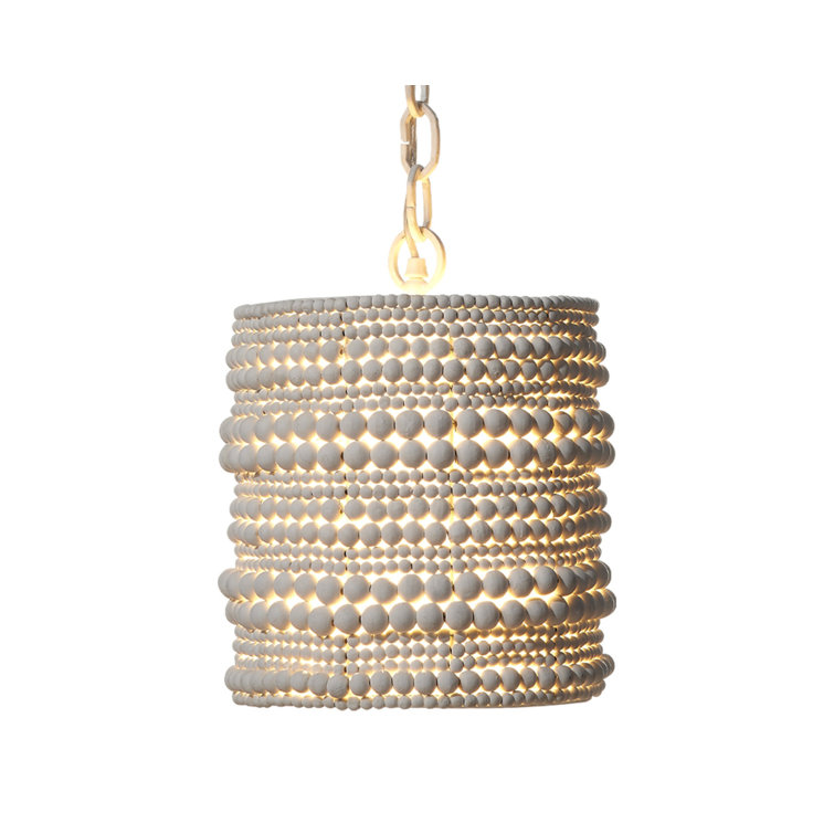 White Hand-Carved Mango Wood Beaded Pendant Light